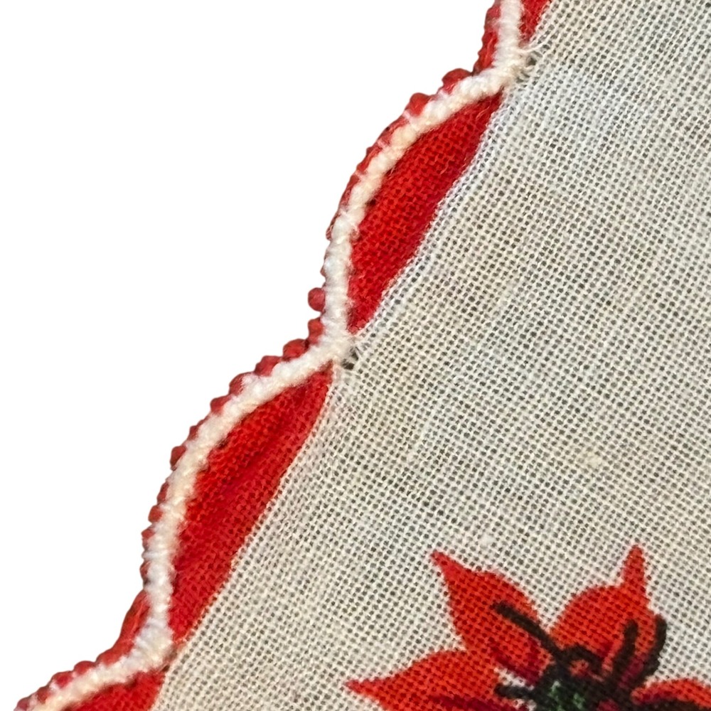 Vintage Christmas Handkerchief Poinsettia Snowflake‎ Scalloped Red White - Picture 5 of 9